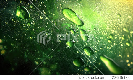 Close-up of green liquid with glistening droplets highlights the vibrant and refreshing theme of the celebration. 122636384