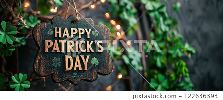 Rustic wooden sign reading Happy St. Patricks Day, decorated with green shamrocks and vines, hanging on textured green wooden wall. 122636393