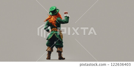 Irish leprechaun man with bright red hair, wearing detailed green attire and traditional green hat with gold buckle. Back view. 122636403