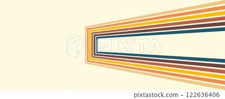 Colorful linear background in 70's style. Retro panel with rainbow stripes. Template for posters, banners, decorative elements and wall art. Design and creativity idea 122636406