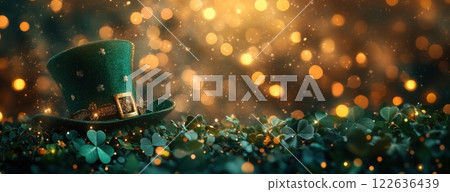 Green glittery leprechaun hat among shamrocks, bathed in a warm golden glow. 122636439