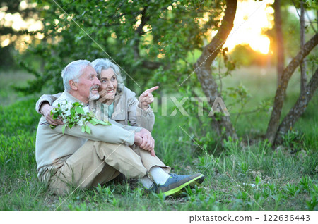 Portrait of senior couple sitting on the grass in the park Portrait of senior couple sitting on the grass in the park 122636443