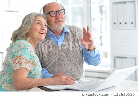 Portrait of an elderly couple using a laptop at home Portrait of an elderly couple using a laptop at home 122636536