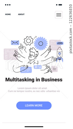 Multitasking in business concept features a person juggling tasks with gears envelopes and a rocket in a minimalist doodle style mobile app screen 122636850