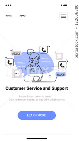 Customer support concept woman laptop communication icons blue accents minimalist mobile app screen 122636880