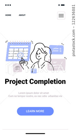 Project completion concept with person checking calendar and charts in minimalist doodle style mobile app screen Project completion concept with person checking calendar and charts in minimalist doodle style mobile app screen 122636881