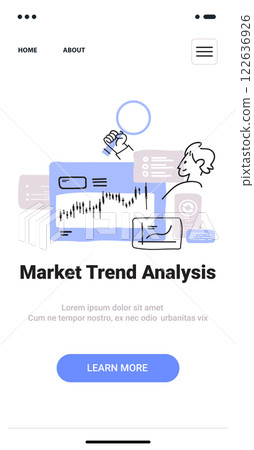 Market trend analysis concept with charts magnifying glass person analyzing data blue and gray tones landing page design sketch style Market trend analysis concept with charts magnifying glass person analyzing data blue and gray tones landing page design sketch style 122636926