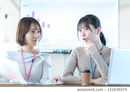 A young businesswoman having a meeting while holding documents 122636974