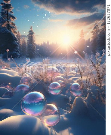 冬季景觀,冰凍的肥皂泡在早晨的陽光下閃閃發光 冬季景觀,冰凍的肥皂泡在早晨的陽光下閃閃發光 122637071