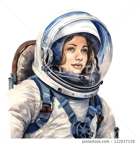 Watercolor portrait of female astronaut wearing space suit and helmet 122637159