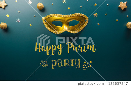 Happy Purim carnival decoration concept made from golden mask star and glitter on dark background. (Happy Purim in Hebrew, jewish holiday celebrate) 122637247