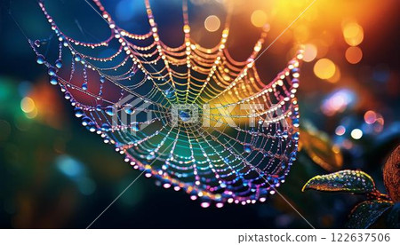 A macro shot of a spider web covered in morning dew shining with rainbow colors in the light 122637506