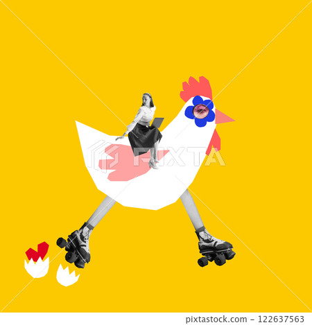 Internet speed. Young woman riding roller-skating chicken, playfully illustrating unpredictable, fast-moving nature of viral trends 122637563