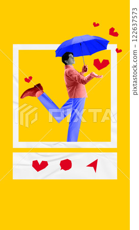Dancing in digital love. Young man with umbrella in social media post frame, surrounded by heart icons 122637573