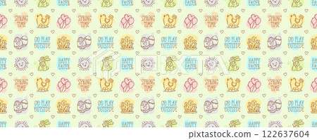 Easter season doodle style icons and quotes seamless pattern, hand-drawn spring hunt theme background, cute symbols and elements collection. 122637604