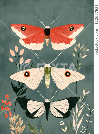 Abstract illustration of three species of butterflies showing their unique colors and patterns on a green background. 122637621