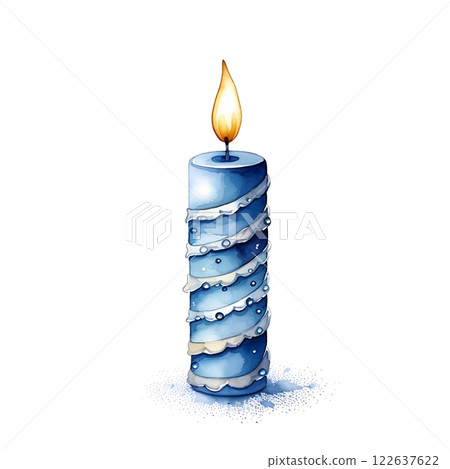 Burning blue Hanukkah candle with watercolor effect celebrating holiday Burning blue Hanukkah candle with watercolor effect celebrating holiday 122637622