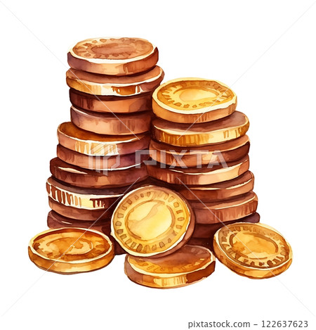 Watercolor painting depicting stacks of gold coins for hanukkah celebration Watercolor painting depicting stacks of gold coins for hanukkah celebration 122637623