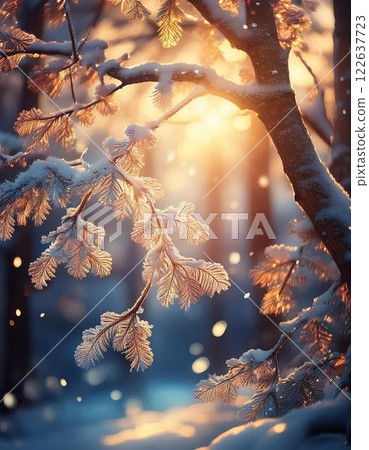 Morning light shining down on snowflake-laden tree branches 122637723