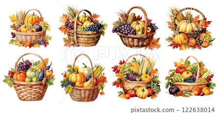 Thanksgiving cornucopia watercolor illustration. Holiday greeting card basket painting for Thanksgiving or Halloween. 122638014