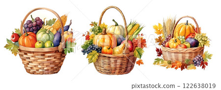 Thanksgiving cornucopia watercolor illustration. Holiday greeting card basket painting for Thanksgiving or Halloween. 122638019