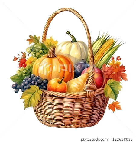 Thanksgiving cornucopia watercolor illustration. Holiday greeting card basket painting for Thanksgiving or Halloween. 122638086