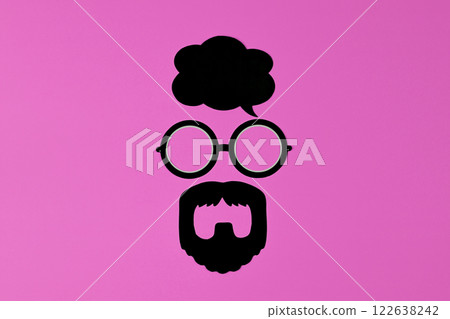Whimsical glasses and beard silhouette evoke bold persona, persona expressing confident humor, persona amplifying brand impact on bright pink surface, pushing playful marketing boundaries 122638242