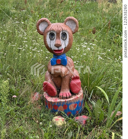 Creepy Wooden Bear Statue with Painted Features 122638260