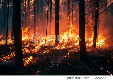 A forest fire is raging through a forest, with smoke 122638400