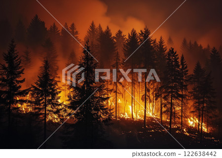 A forest fire is raging through a forest, with smoke 122638442