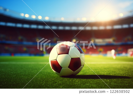 A soccer ball on a green field in soccer football stadium during game 122638502