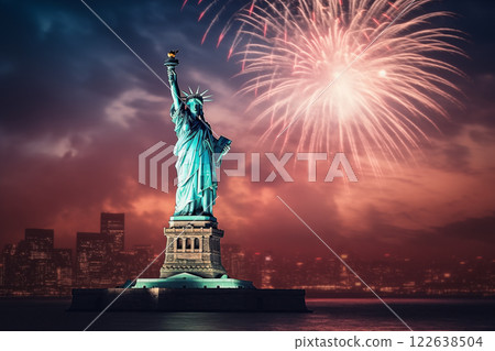 A Statue of Liberty in with fireworks 122638504