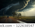 Tornado in a field in the USA with car on road in field under stormy dark sky 122638547