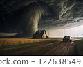tornado in a field in the USA with wooden house and car on road under stormy dark sky 122638549