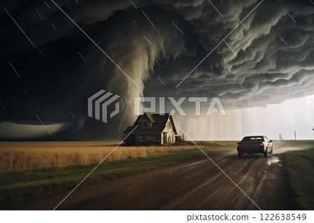 tornado in a field in the USA with wooden house and car on road under stormy dark sky tornado in a field in the USA with wooden house and car on road under stormy dark sky 122638549