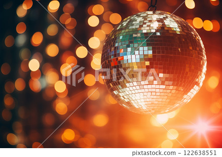 A disco ball is suspended from the ceiling at party, reflecting the lights 122638551