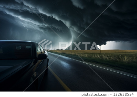 Tornado in a field in the USA with car on road in field under stormy dark sky Tornado in a field in the USA with car on road in field under stormy dark sky 122638554