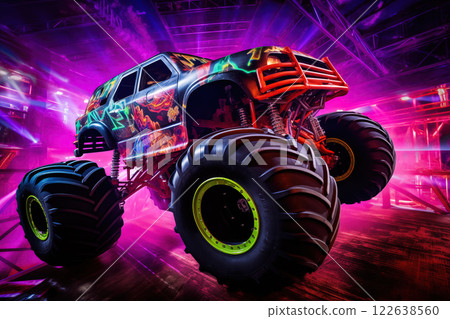 Neon-Lit Monster Truck in Action in Mid-Air 122638560