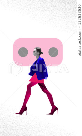 Social Presence. Confident woman walking along speech bubble. Digital influence, personal branding, and strong communication in online space. 122638630
