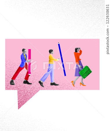 People inside speech bubble, carrying oversized pencils, representing shared effort, innovation, and power of collective digital content creation. People inside speech bubble, carrying oversized pencils, representing shared effort, innovation, and power of collective digital content creation. 122638631