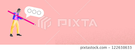 Man with large pencil in front of pink background symbolizes planning, social media content creation, and strategy behind online communication. 122638633