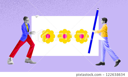Collaboration in action. Two men holding speech bubble filled with flowers, representing teamwork, brainstorming, and collective creativity 122638634