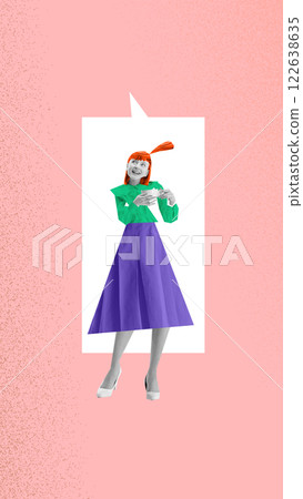 Cheerful girl with bright colors inside speech bubble representing joy of online storytelling, personal branding, and interactive engagement in social media. 122638635