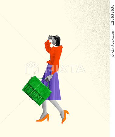 Stylish businesswoman with large briefcase walks forward. Balance of career and online presence, symbolizing modern professional networking. 122638636