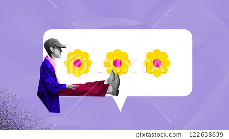 Social Media Conversations. Young man sitting next to speech bubble, surrounded by digital flowers. Online trends, and virtual expression. 122638639