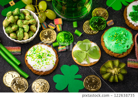 St. Patricks Day party food, green beer and shamrock St. Patricks Day party food, green beer and shamrock 122638735