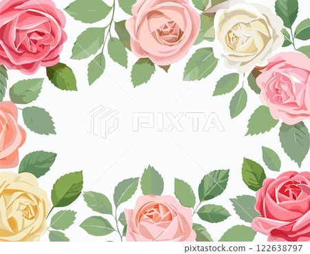 Rose on white background. Flower rose, green leaves. Poster, greeting card concept with flowers. Vector illustration Rose on white background. Flower rose, green leaves. Poster, greeting card concept with flowers. Vector illustration 122638797