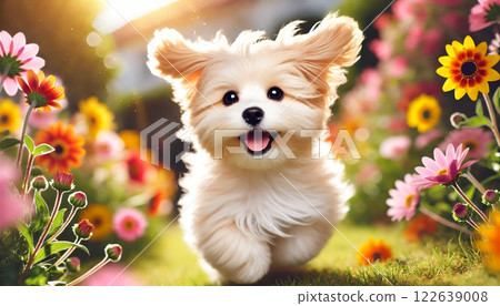 White chihuahua with spring flowers White chihuahua with spring flowers 122639008