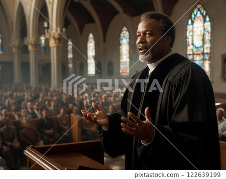 Black pastor preaching in church 122639199