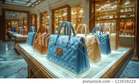 A row of elegant designer handbags displayed in a luxurious boutique setting, illuminated by warm lighting 122639229
